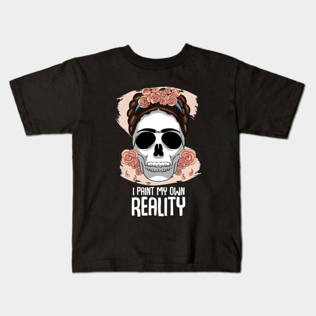 Frida Floral Skull Kids T-Shirt by MerchBeastStudio